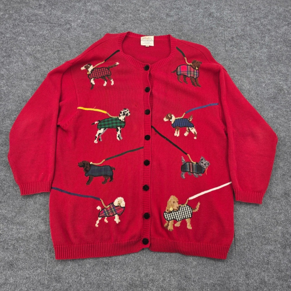 Vintage Susan Bristol Red Dog Novelty Cardigan Sweater 2W Ramie Cotton 1995